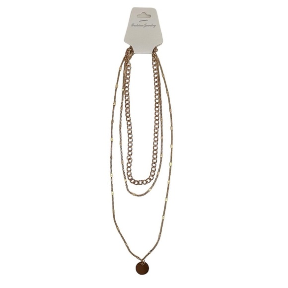 3-Layered Gold-Tone Chain Link Necklace with Mini Round Coin Charm Pendant - Picture 2 of 11